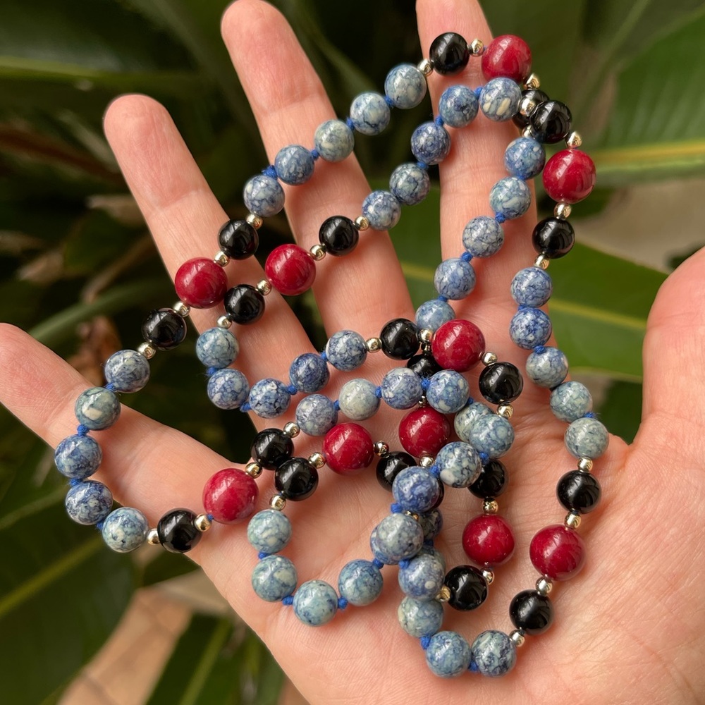 Blue and red jasper onyx gold tone spacer bead long necklace